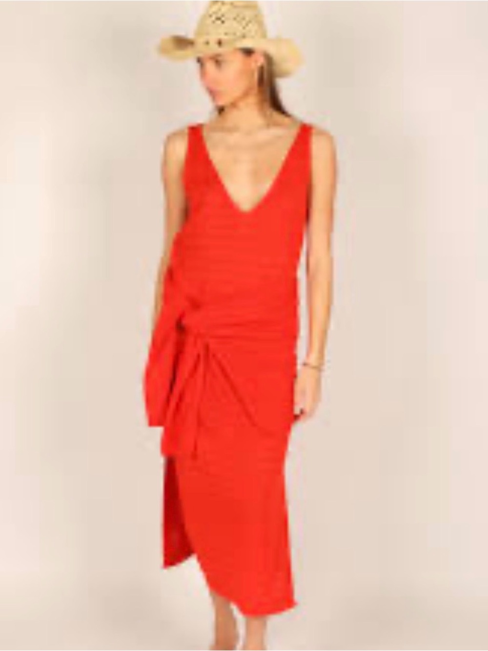 0228 Free People poppy Red V-Neck Side-Knot Midi Dress